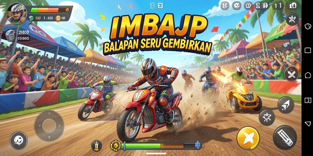 Screenshot gameplay IMBAJP menampilkan aksi balapan yang seru dan menegangkan.