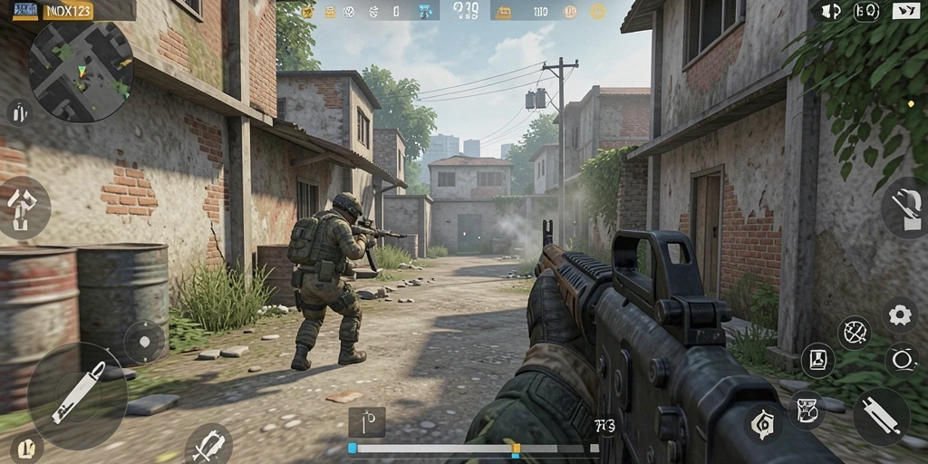 Tampilan gameplay intens dari NOX123 dengan berbagai senjata.