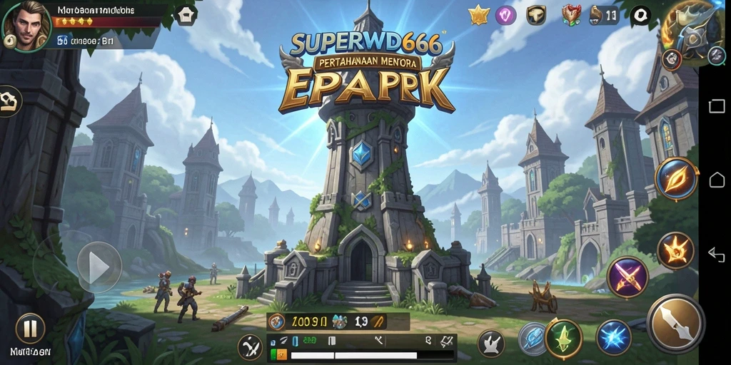 Tampilan menara dan musuh dalam gameplay Tower Defense.